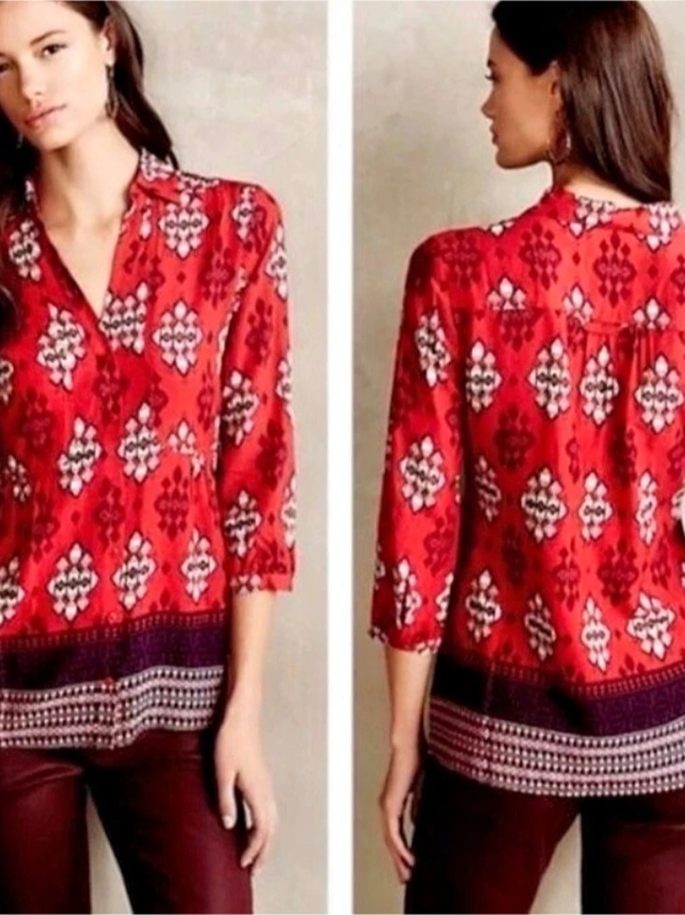 Maeve Woodland Walk Blouse Geometric Blouse Red Aztec Tribal Size 6